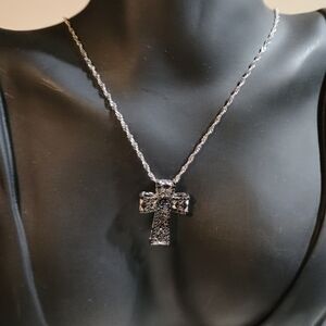 92.5 Sterling Silver Cross Necklace Accented with Black Tourmaline Stones